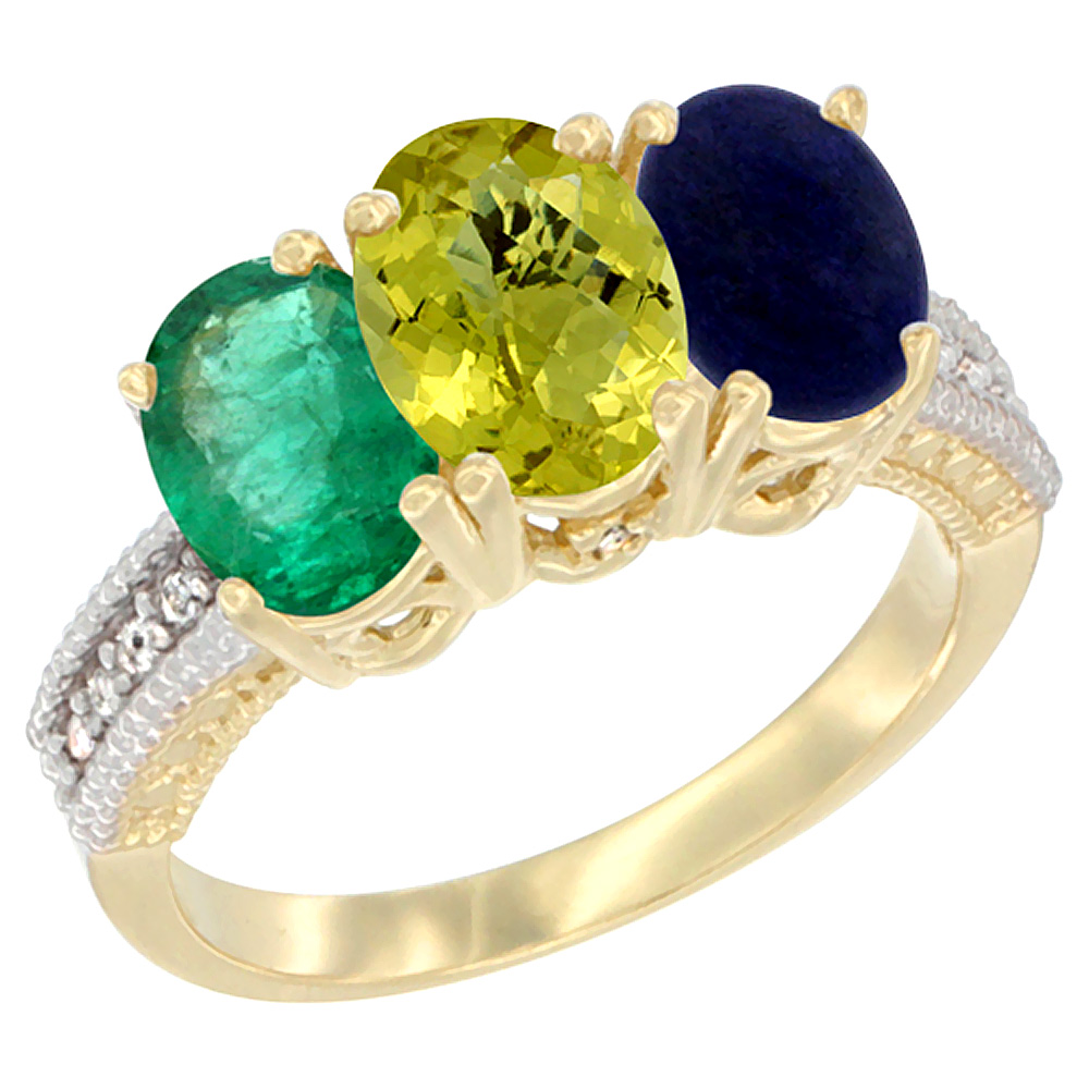 10K Yellow Gold Diamond Natural Emerald, Lemon Quartz & Lapis Ring 3-Stone 7x5 mm Oval, sizes 5 - 10