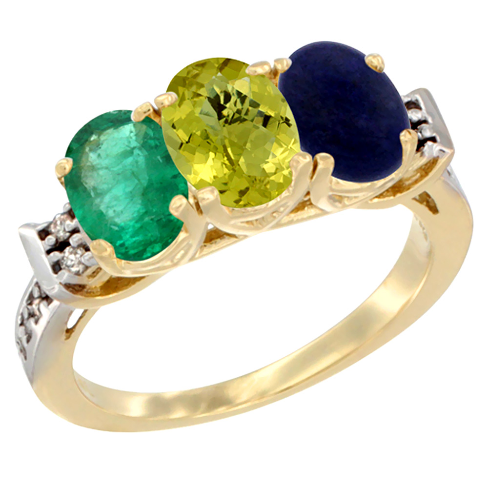 10K Yellow Gold Natural Emerald, Lemon Quartz & Lapis Ring 3-Stone Oval 7x5 mm Diamond Accent, sizes 5 - 10
