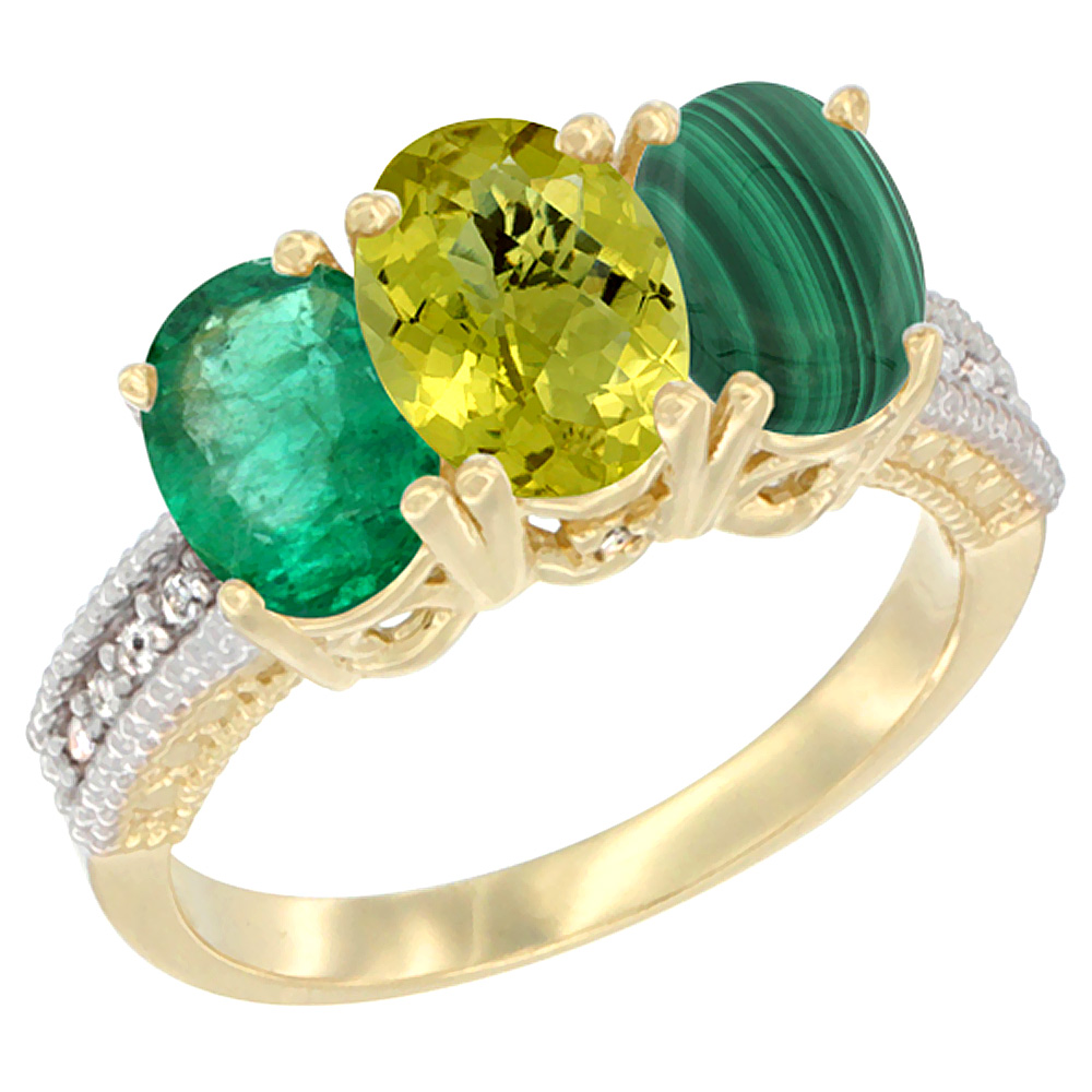 14K Yellow Gold Natural Emerald, Lemon Quartz &amp; Malachite Ring 3-Stone 7x5 mm Oval Diamond Accent, sizes 5 - 10