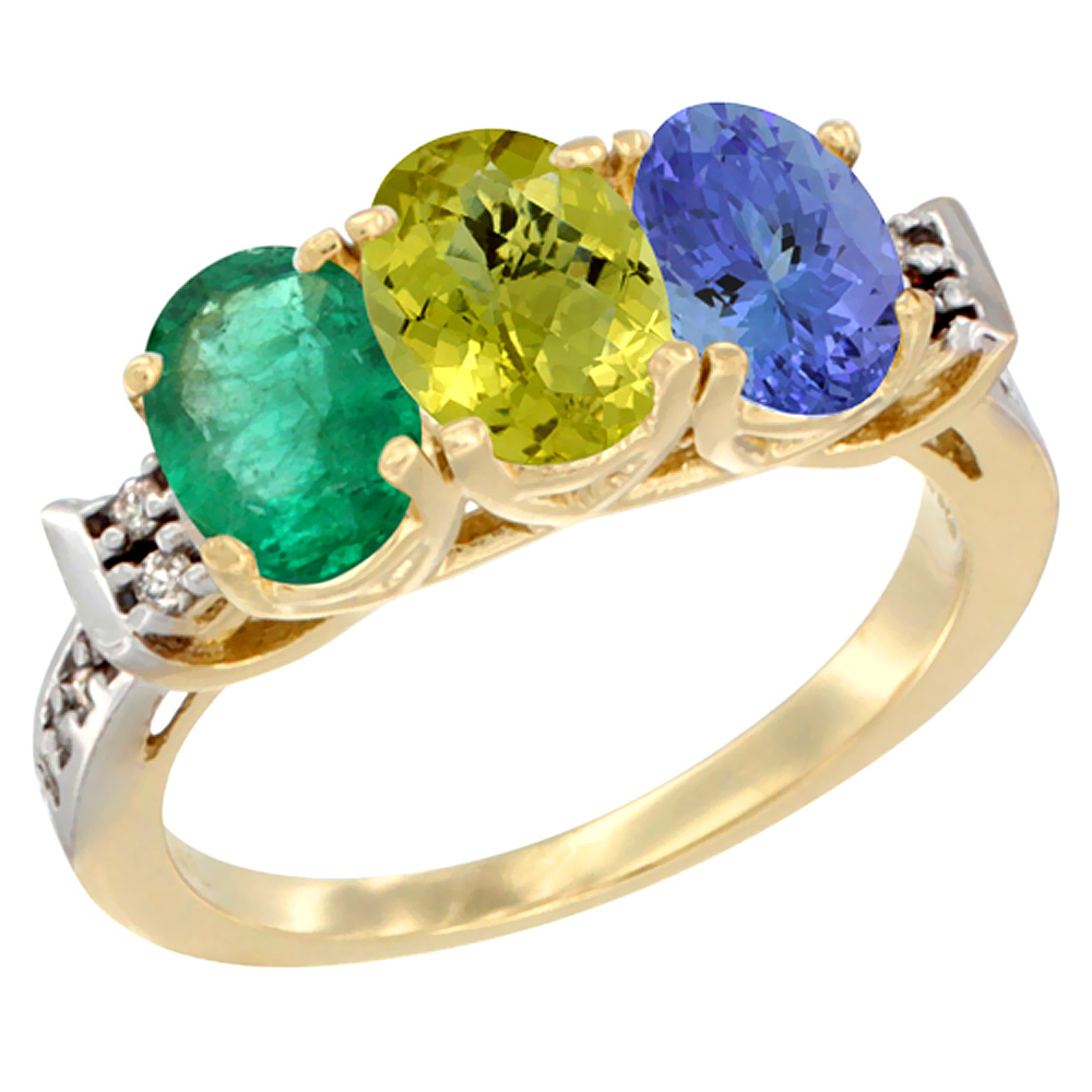 10K Yellow Gold Natural Emerald, Lemon Quartz &amp; Tanzanite Ring 3-Stone Oval 7x5 mm Diamond Accent, sizes 5 - 10
