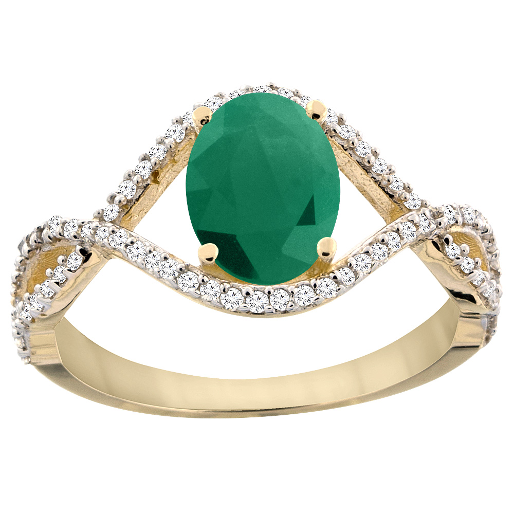 14K Yellow Gold Natural Cabochon Emerald Ring Oval 8x6 mm Infinity Diamond Accents, sizes 5 - 10