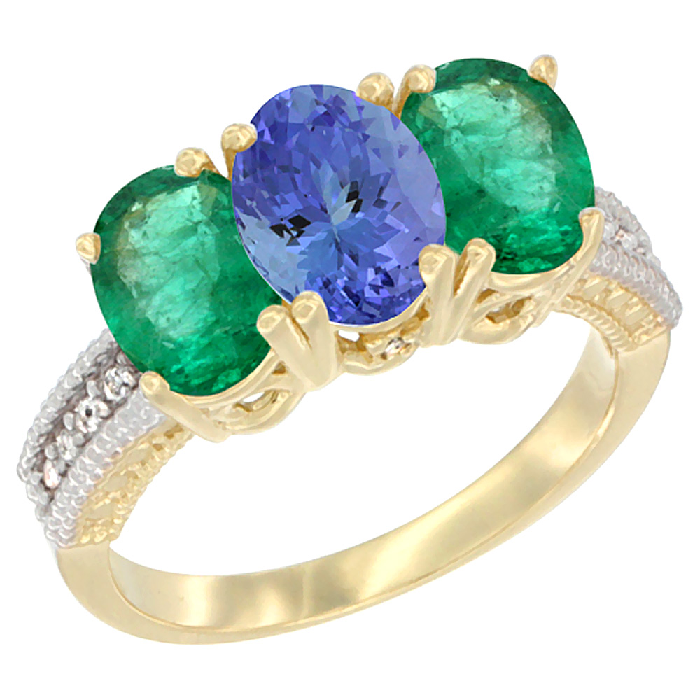 10K Yellow Gold Diamond Natural Tanzanite &amp; Emerald Ring 3-Stone 7x5 mm Oval, sizes 5 - 10