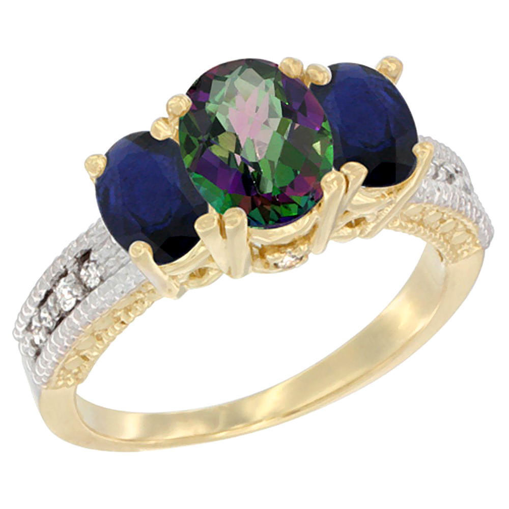 14K Yellow Gold Diamond Natural Mystic Topaz 7x5mm &amp; 6x4mm Quality Blue Sapphire Oval 3-stone Ring,sz5-10