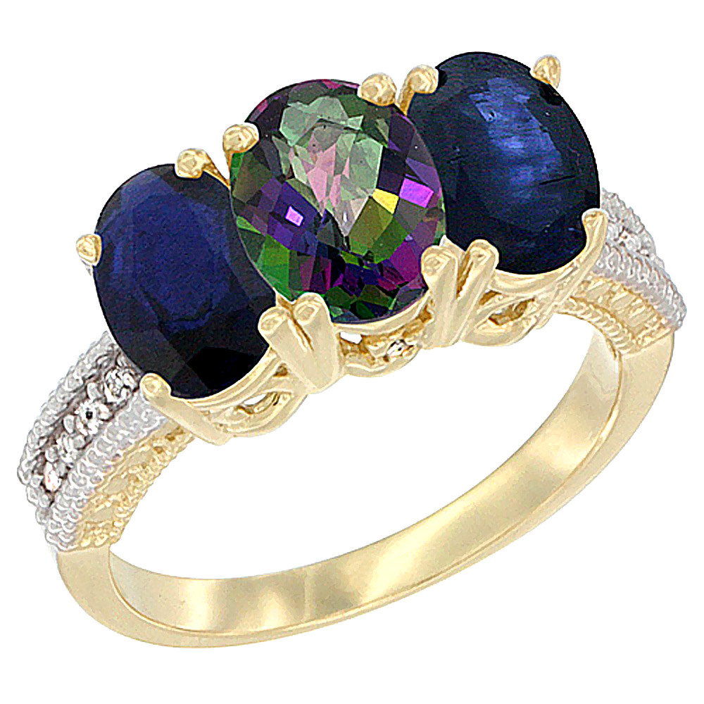 14K Yellow Gold Natural Mystic Topaz &amp; Blue Sapphire Sides Ring 3-Stone 7x5 mm Oval Diamond Accent, sizes 5 - 10