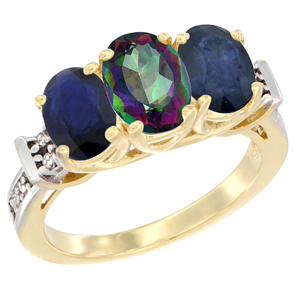 14K Yellow Gold Natural Mystic Topaz &amp; Blue Sapphire Sides Ring 3-Stone Oval Diamond Accent, sizes 5 - 10