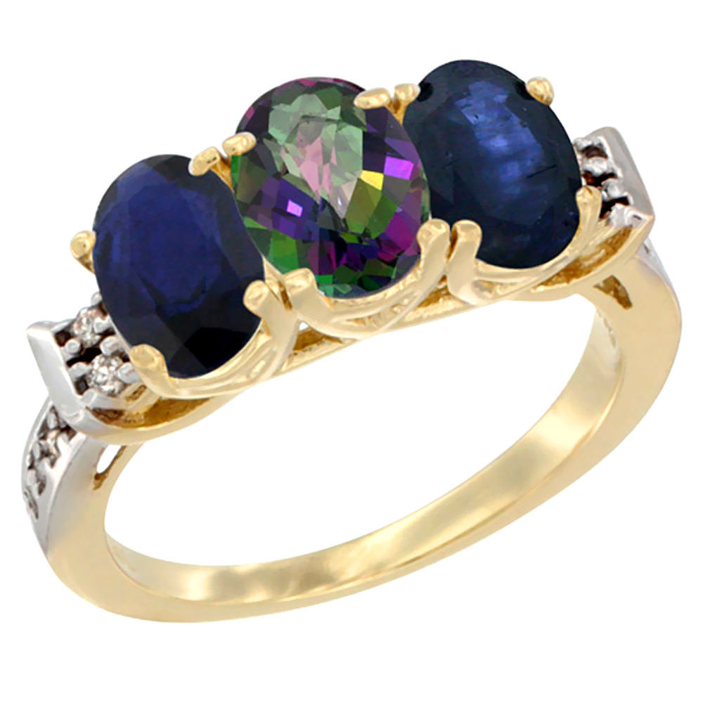 14K Yellow Gold Natural Mystic Topaz & Blue Sapphire Sides Ring 3-Stone Oval 7x5 mm Diamond Accent, sizes 5 - 10