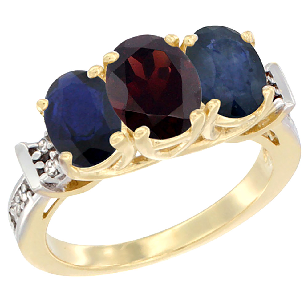 14K Yellow Gold Natural Garnet & Blue Sapphire Sides Ring 3-Stone Oval Diamond Accent, sizes 5 - 10