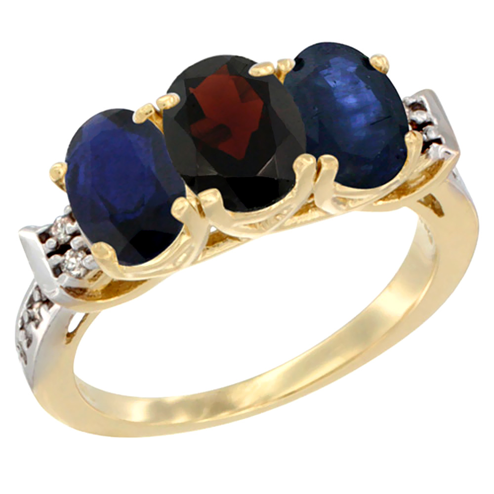 14K Yellow Gold Natural Garnet & Blue Sapphire Sides Ring 3-Stone Oval 7x5 mm Diamond Accent, sizes 5 - 10