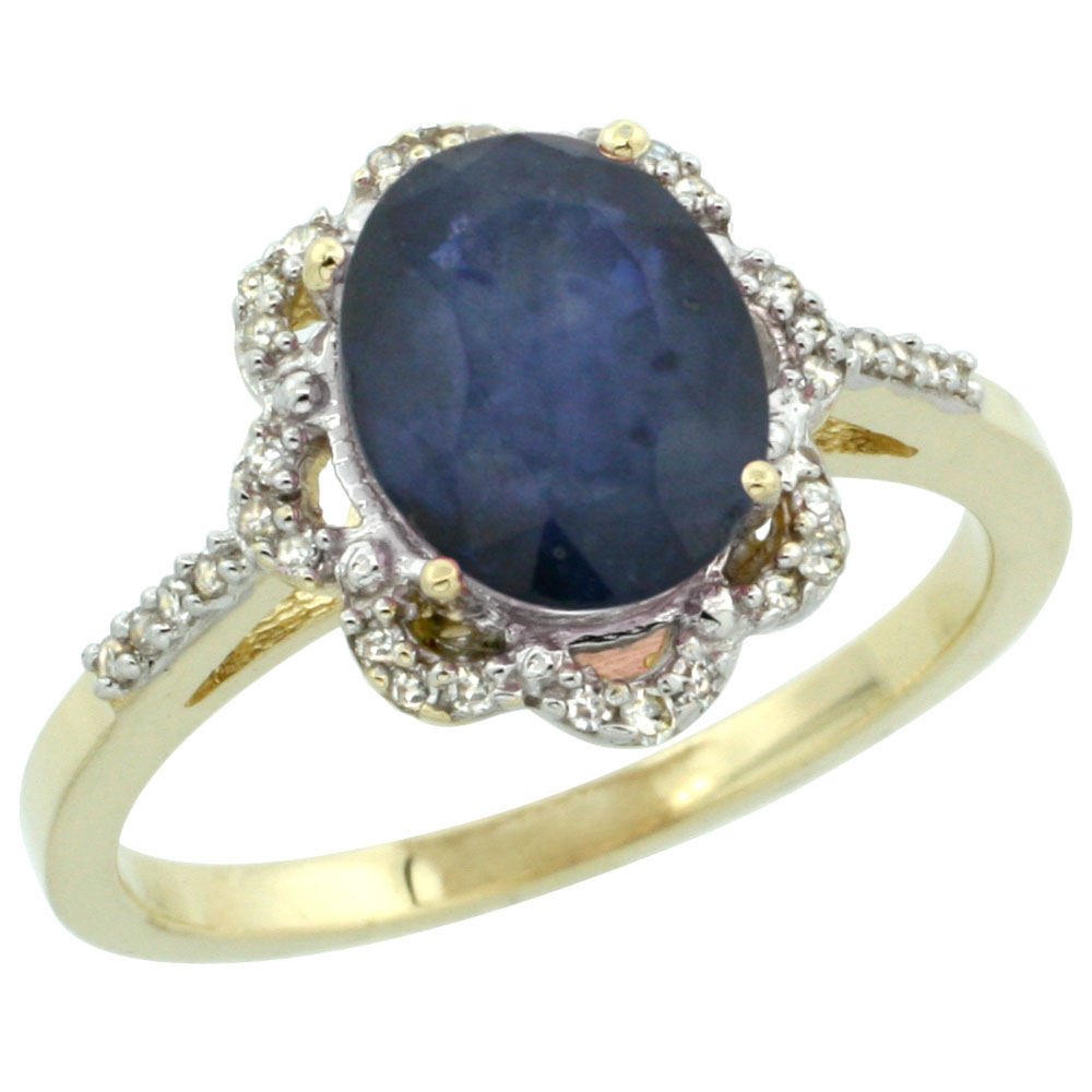 10K Yellow Gold Diamond Halo Natural Blue Sapphire Engagement Ring Oval 9x7mm, sizes 5-10