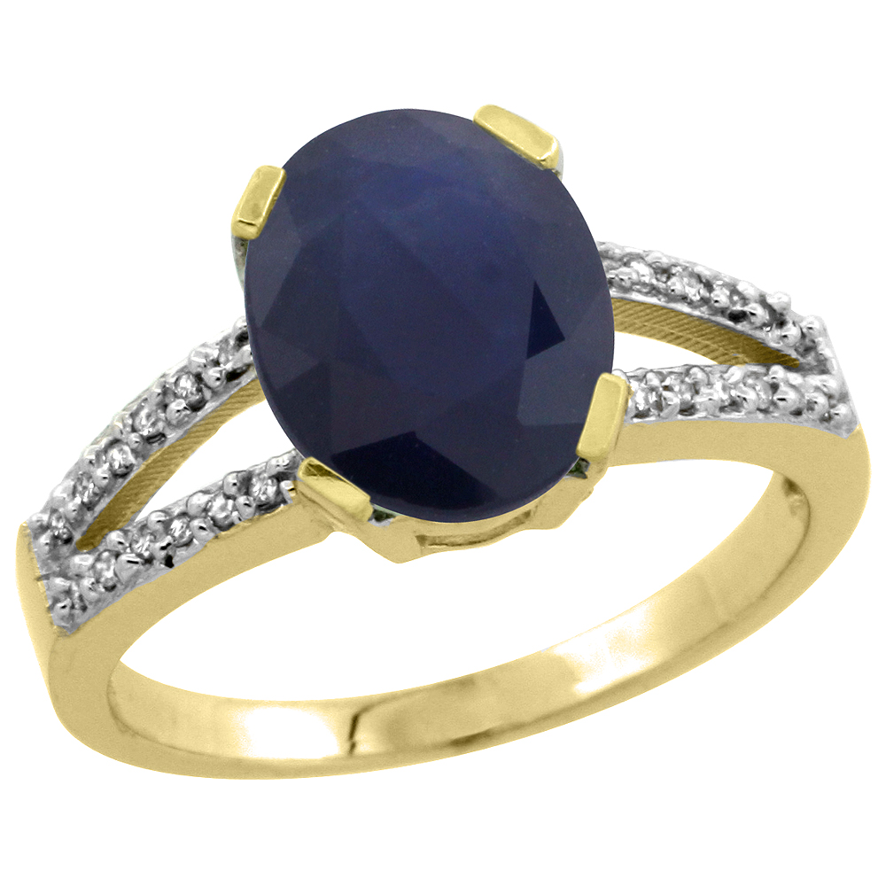 10K Yellow Gold Diamond Natural Blue Sapphire Engagement Ring Oval 10x8mm, sizes 5-10