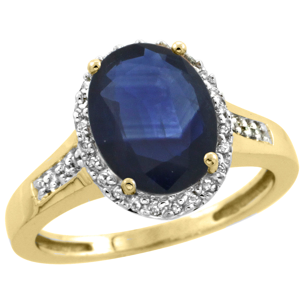 10K Yellow Gold Diamond Natural Blue Sapphire Engagement Ring Oval 10x8mm, sizes 5-10