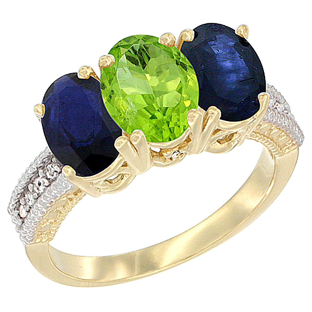 10K Yellow Gold Diamond Natural Peridot & Blue Sapphire Ring 3-Stone 7x5 mm Oval, sizes 5 - 10