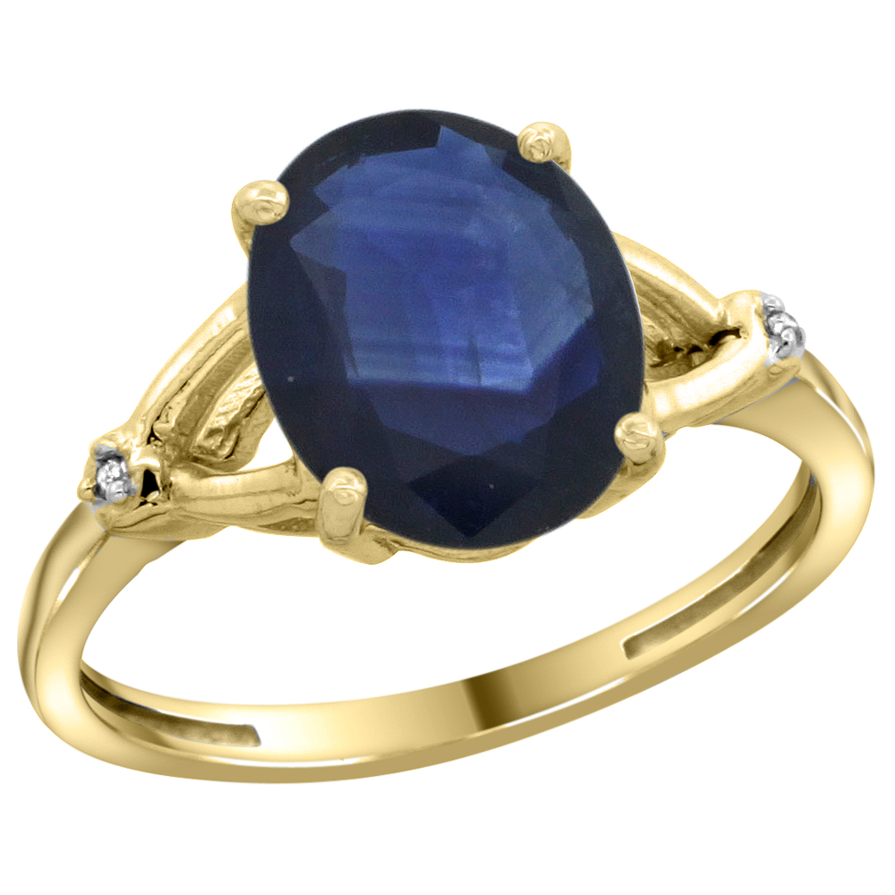 14K Yellow Gold Diamond Natural Blue Sapphire Engagement Ring Oval 10x8mm, sizes 5-10