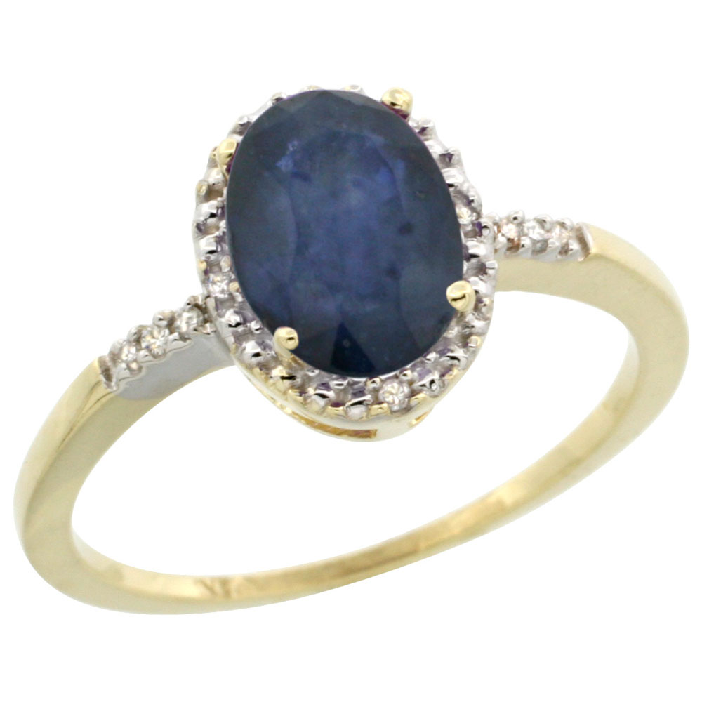 14K Yellow Gold Natural Diamond Blue Sapphire Ring Oval 8x6mm, sizes 5-10