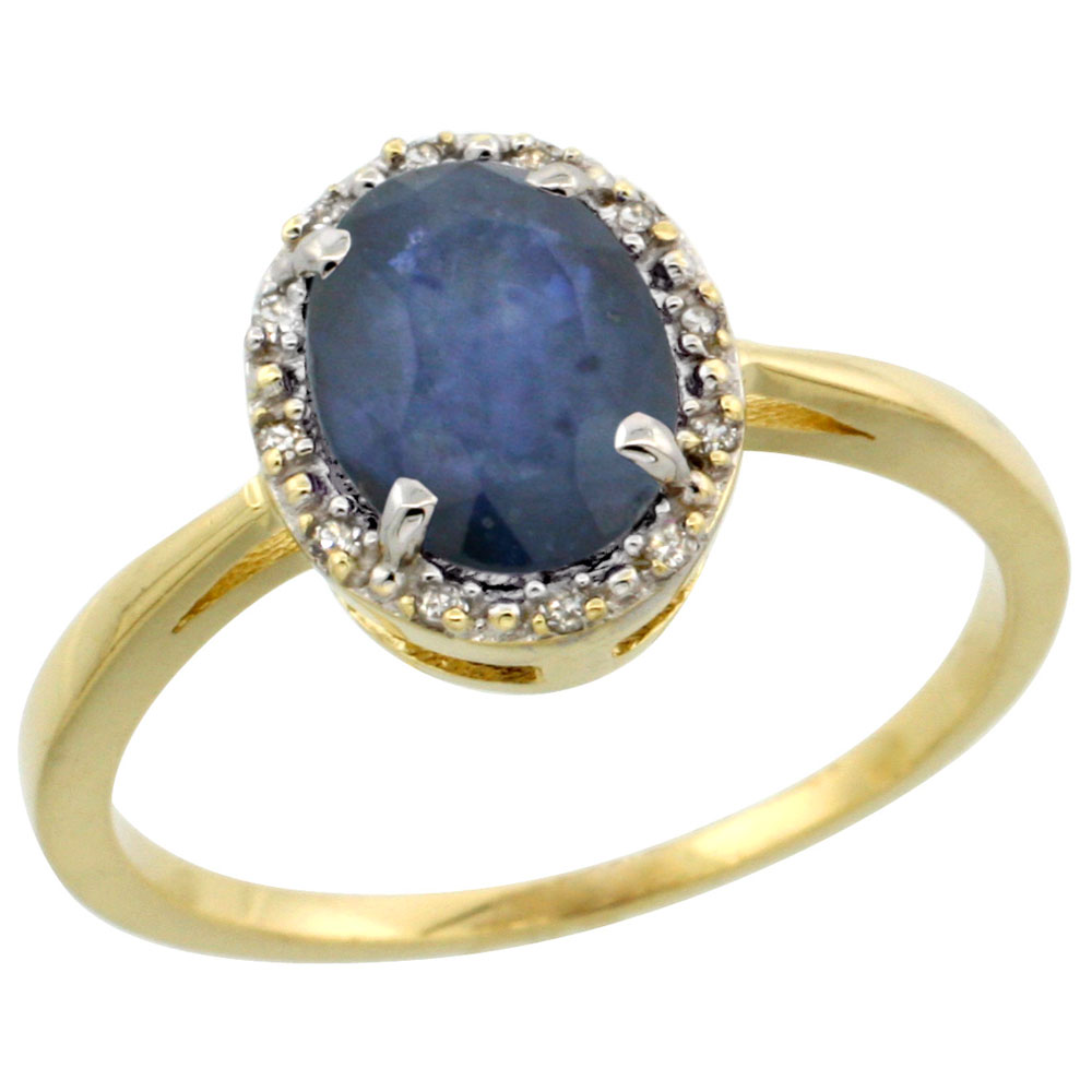 10k Yellow Gold Diamond Halo Natural Quality Blue Sapphire Engagement Ring Oval 8x6 mm, size 5-10