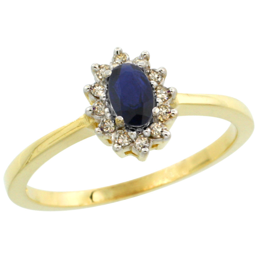 10k Yellow Gold Natural Blue Sapphire Ring Oval 5x3mm Diamond Halo, sizes 5-10