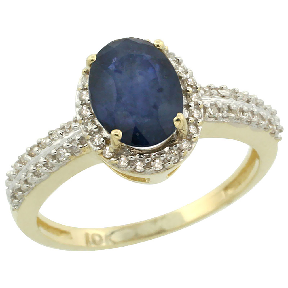 14K Yellow Gold Natural Blue Sapphire Ring Oval 8x6mm Diamond Halo, sizes 5-10