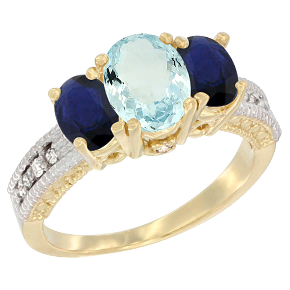 14K Yellow Gold Diamond Natural Aquamarine 7x5mm &amp; 6x4mm Quality Blue Sapphire Oval 3-stone Ring,sz5 - 10