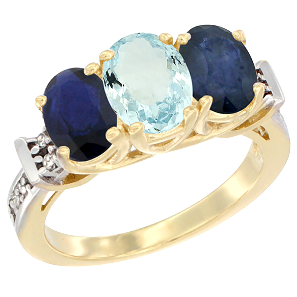 14K Yellow Gold Natural Aquamarine &amp; Blue Sapphire Sides Ring 3-Stone Oval Diamond Accent, sizes 5 - 10