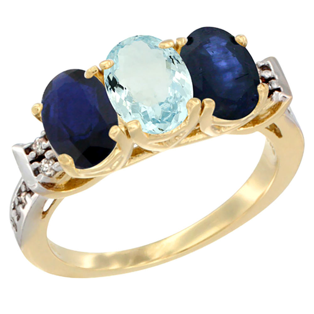 14K Yellow Gold Natural Aquamarine &amp; Blue Sapphire Sides Ring 3-Stone Oval 7x5 mm Diamond Accent, sizes 5 - 10