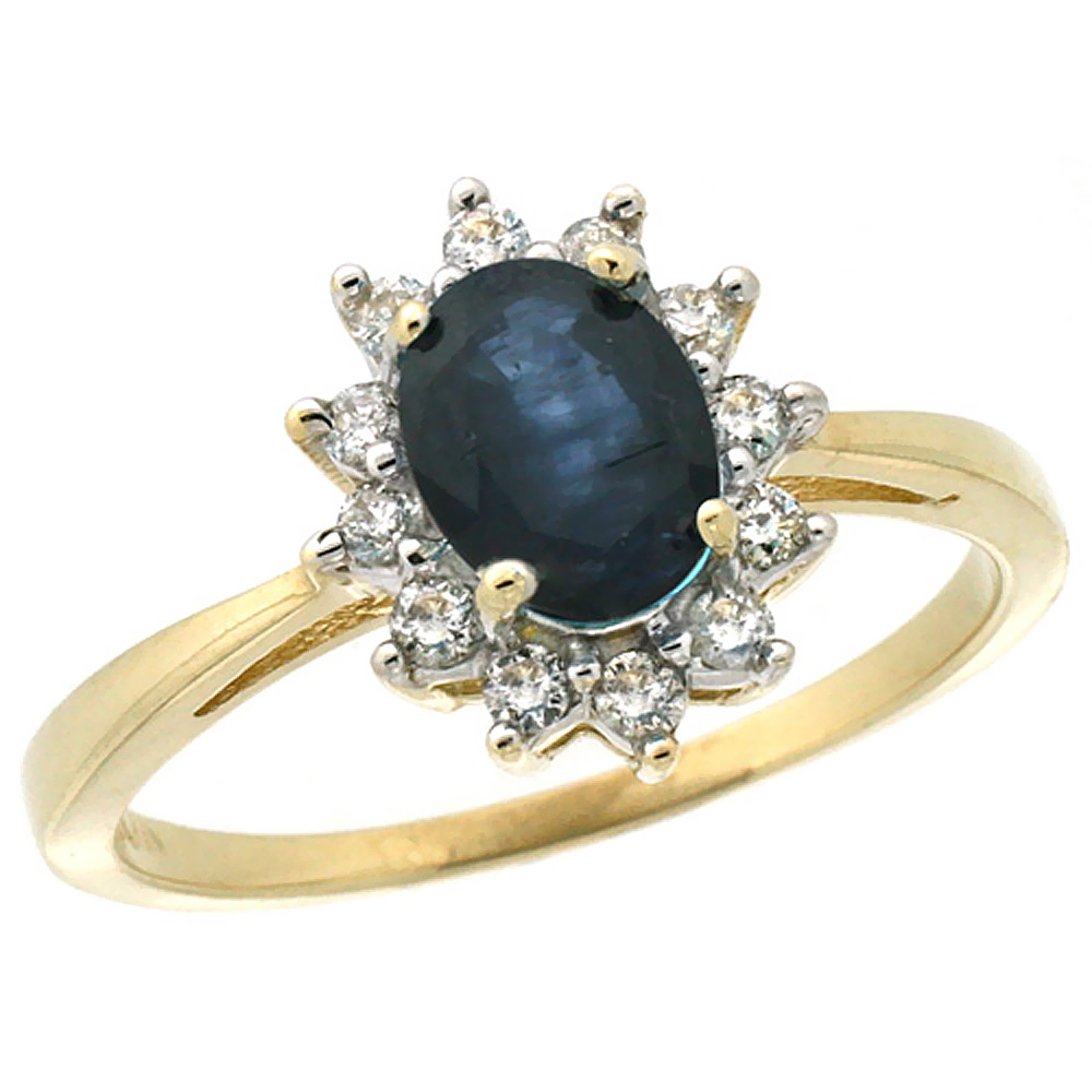 10k Yellow Gold Natural Blue Sapphire Engagement Ring Oval 7x5mm Diamond Halo, sizes 5-10
