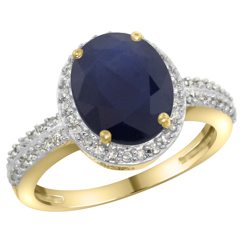 14K Yellow Gold Diamond Natural Blue Sapphire Engagement Ring Oval 10x8mm, sizes 5-10