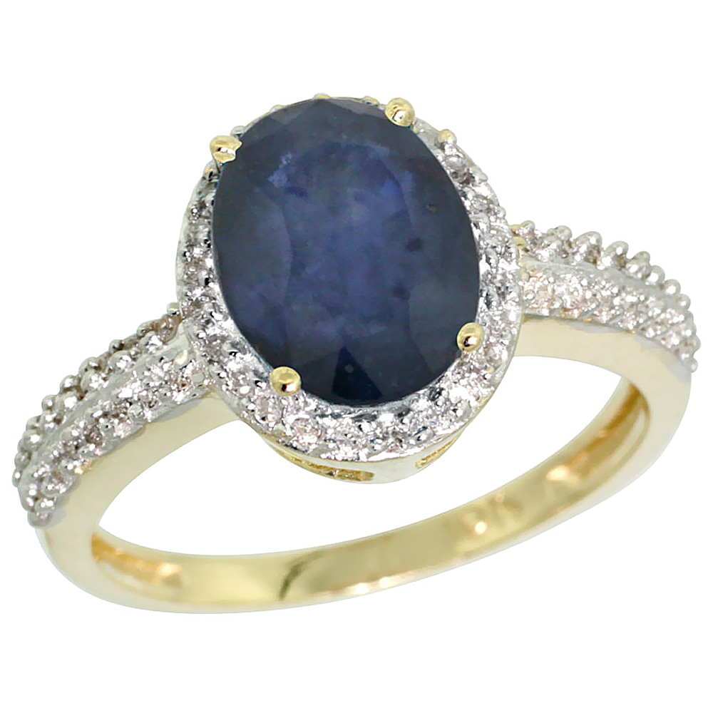 14K Yellow Gold Natural Diamond Blue Sapphire Ring Oval 9x7mm, sizes 5-10