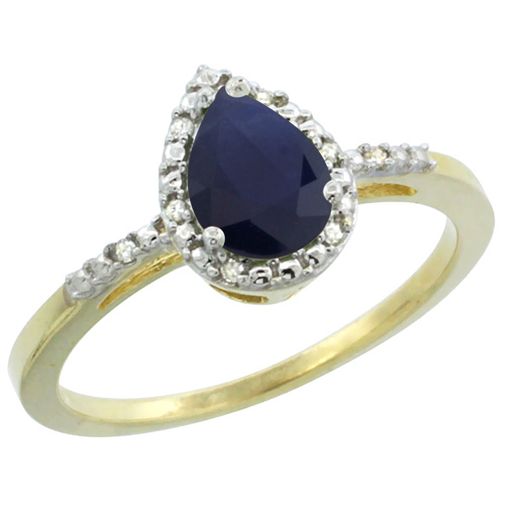 14K Yellow Gold Diamond Natural Blue Sapphire Ring Pear 7x5mm, sizes 5-10