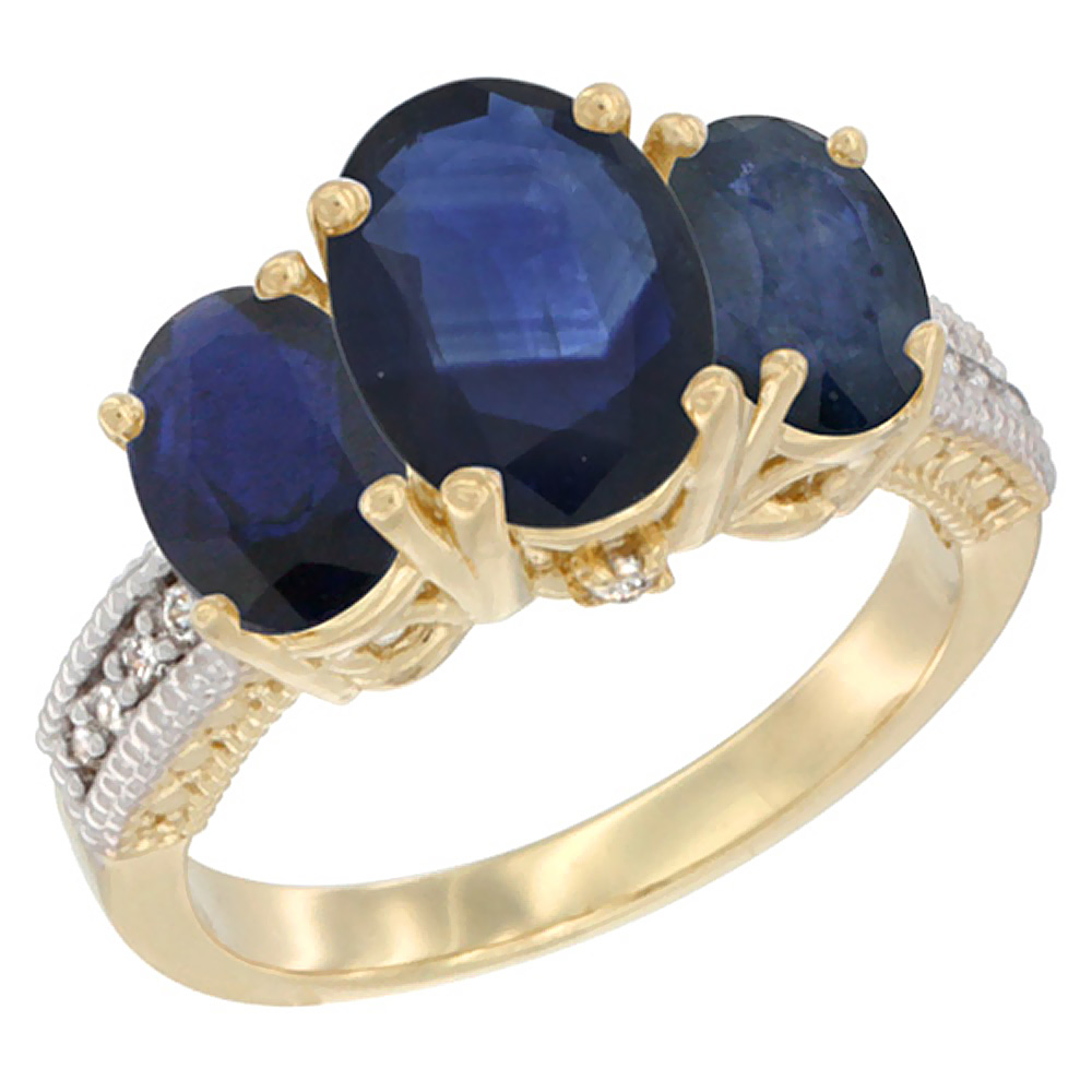 14K Yellow Gold Diamond Natural Blue Sapphire Ring 3-Stone Oval 8x6mm, sizes5-10