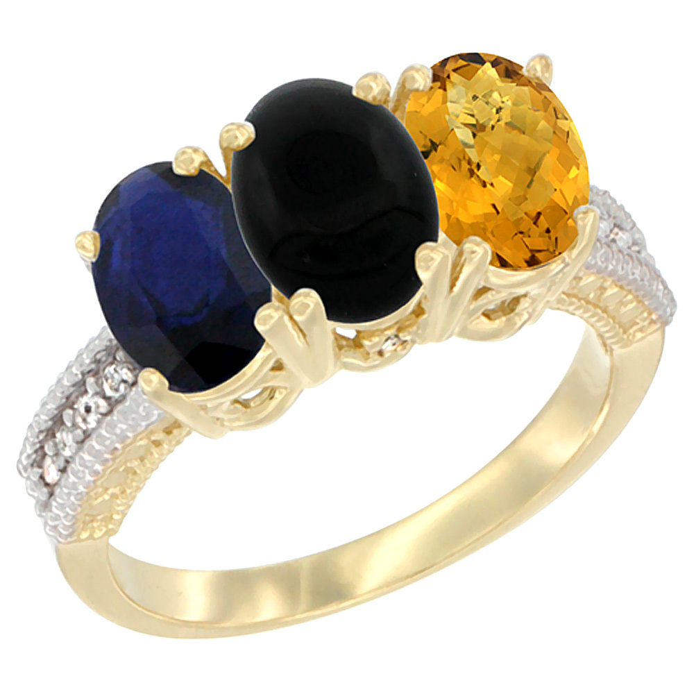 10K Yellow Gold Diamond Natural Blue Sapphire, Black Onyx & Whisky Quartz Ring 3-Stone 7x5 mm Oval, sizes 5 - 10