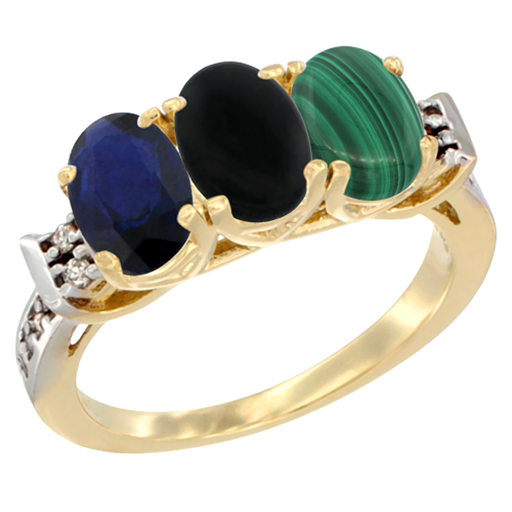 14K Yellow Gold Natural Blue Sapphire, Black Onyx & Malachite Ring 3-Stone Oval 7x5 mm Diamond Accent, sizes 5 - 10