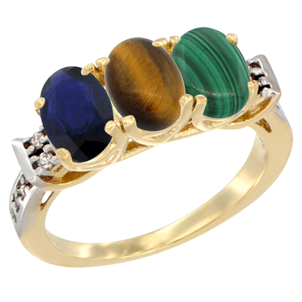 14K Yellow Gold Natural Blue Sapphire, Tiger Eye & Malachite Ring 3-Stone Oval 7x5 mm Diamond Accent, sizes 5 - 10