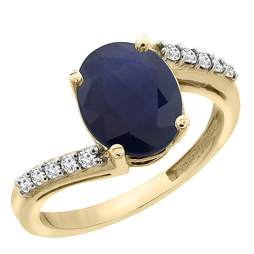 14K Yellow Gold Diamond Natural Blue Sapphire Engagement Ring Oval 10x8mm, sizes 5-10