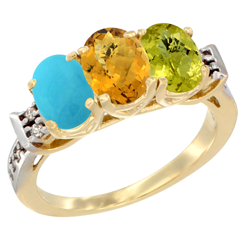 14K Yellow Gold Natural Blue Sapphire, Whisky Quartz & Lemon Quartz Ring 3-Stone Oval 7x5 mm Diamond Accent, sizes 5 - 10