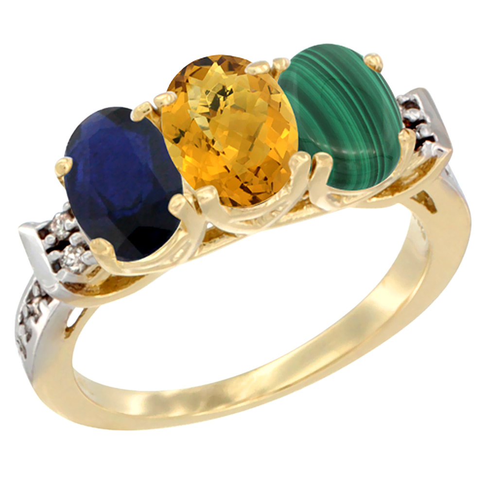 14K Yellow Gold Natural Blue Sapphire, Whisky Quartz & Malachite Ring 3-Stone Oval 7x5 mm Diamond Accent, sizes 5 - 10