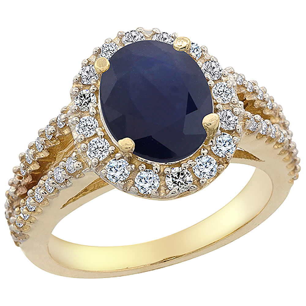 10K Yellow Gold Diamond Natural Blue Sapphire Engagement Ring Oval 10x8mm, sizes 5-10