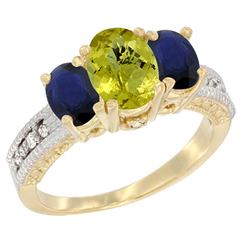 10K Yellow Gold Diamond Natural Lemon Quartz 7x5mm &amp; 6x4mm Quality Blue Sapphire Oval 3-stone Ring,sz5-10