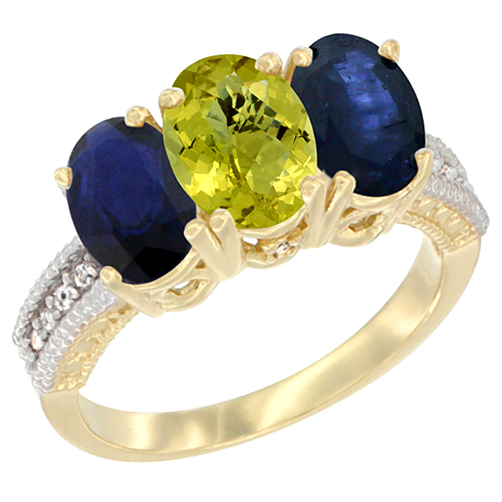 10K Yellow Gold Diamond Natural Lemon Quartz & Blue Sapphire Ring 3-Stone 7x5 mm Oval, sizes 5 - 10