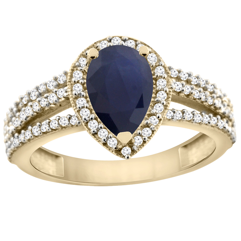 10K Yellow Gold Natural Blue Sapphire Ring 9x7 Pear Halo Diamond, sizes 5 - 10