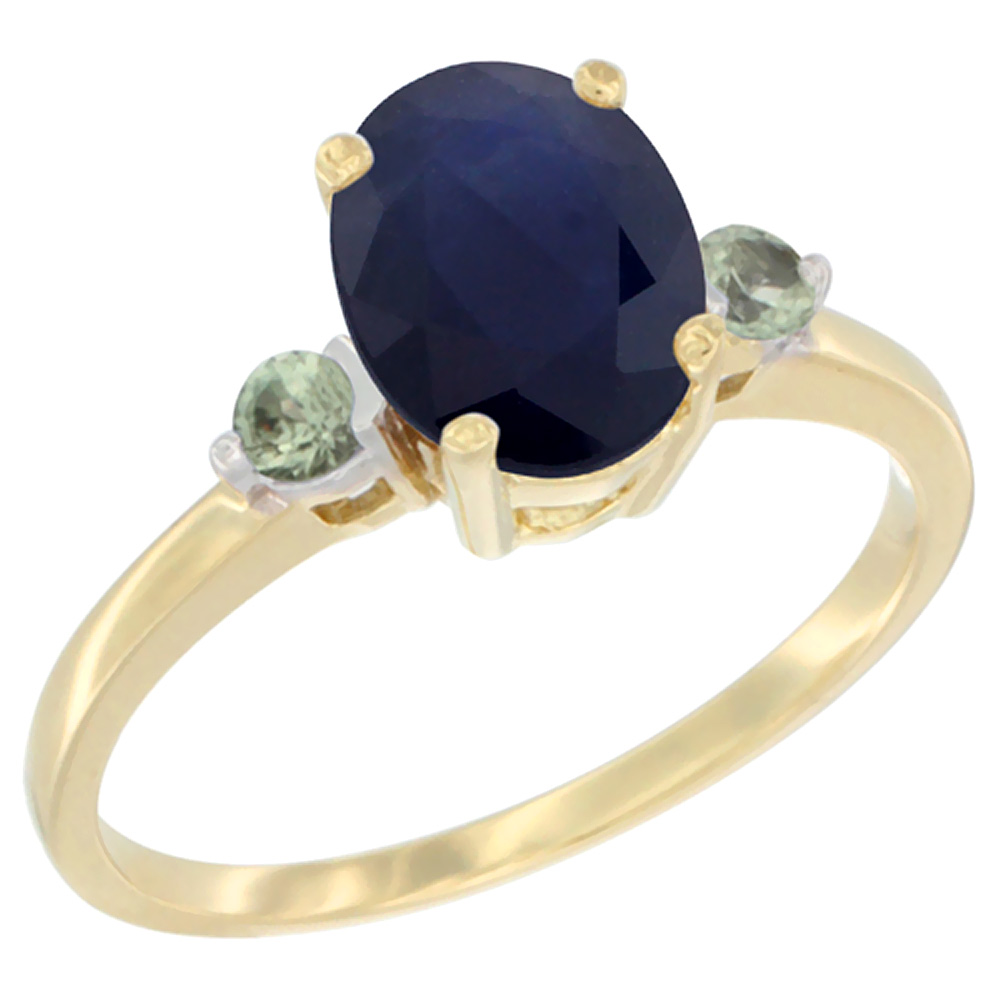 14K Yellow Gold Natural Blue Sapphire Ring Oval 9x7 mm Green Sapphire Accent, sizes 5 to 10