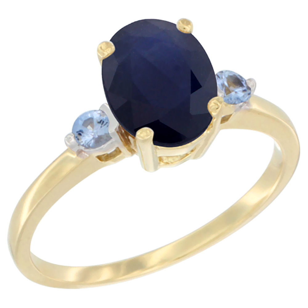 14K Yellow Gold Natural Diffused Ceylon Sapphire Ring Oval 9x7 mm Light Blue Sapphire Accent, sizes 5 to 10