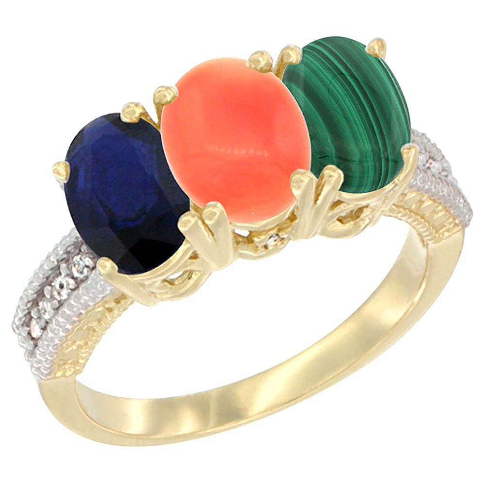 10K Yellow Gold Diamond Natural Blue Sapphire, Coral & Malachite Ring 3-Stone 7x5 mm Oval, sizes 5 - 10