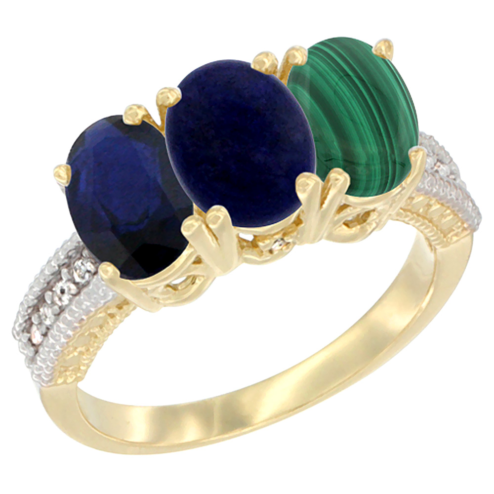 14K Yellow Gold Natural Blue Sapphire, Lapis &amp; Malachite Ring 3-Stone 7x5 mm Oval Diamond Accent, sizes 5 - 10