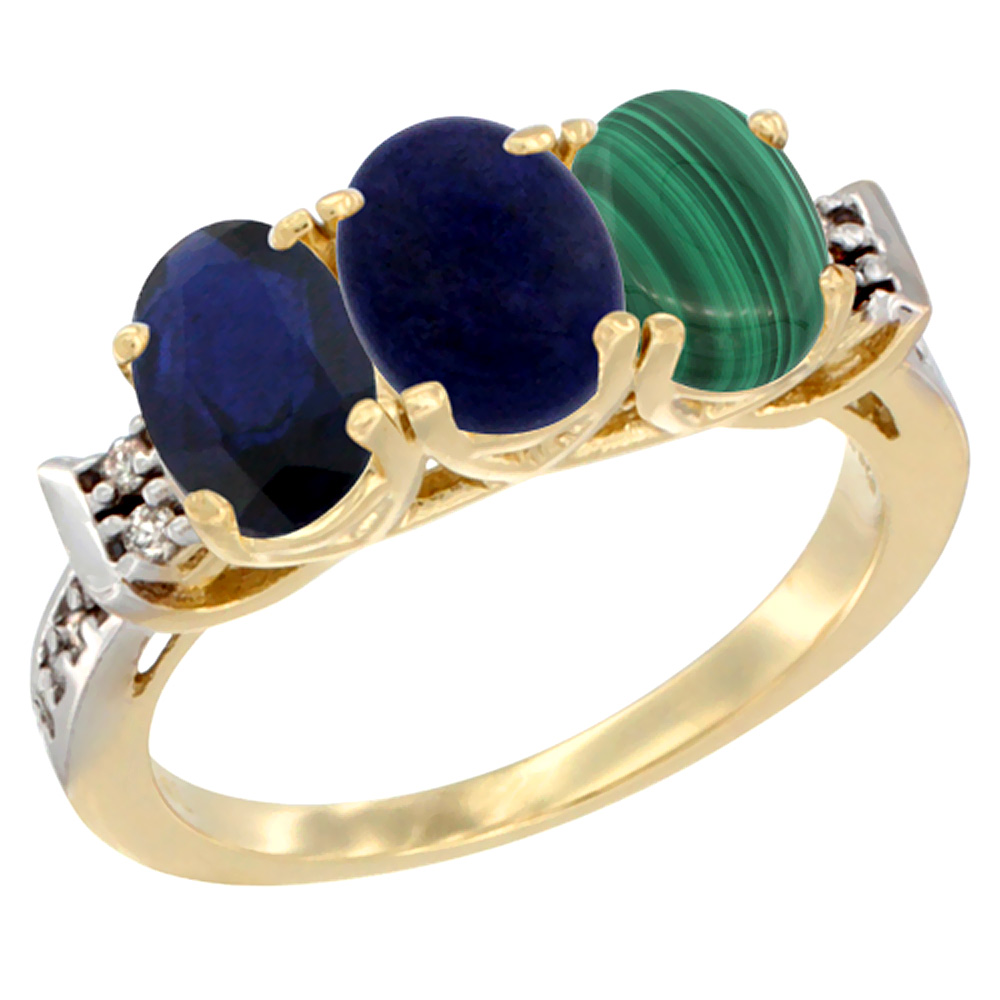 14K Yellow Gold Natural Blue Sapphire, Lapis &amp; Malachite Ring 3-Stone Oval 7x5 mm Diamond Accent, sizes 5 - 10