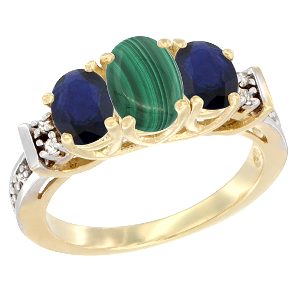 14K Yellow Gold Natural Malachite & Blue Sapphire Ring Oval 3-Stone Diamond Accent