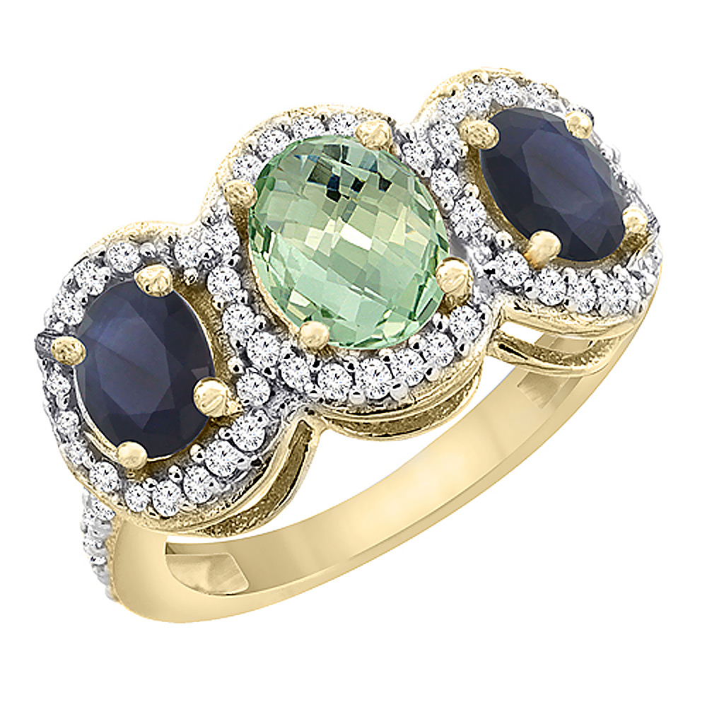 14K Yellow Gold Diamond Natural Green Amethyst 7x5mm&amp;6x4mm Quality Blue Sapphire Oval 3-stone Ring,sz5-10