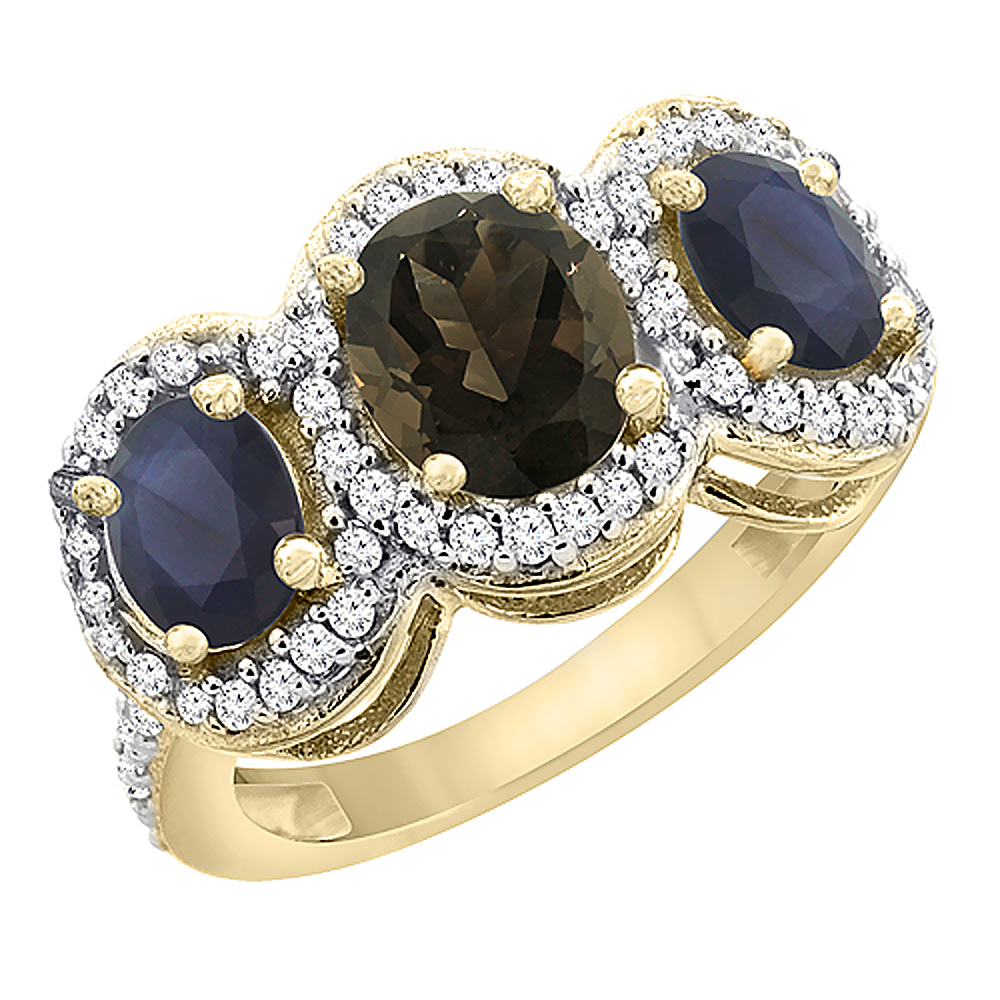 14K Yellow Gold Diamond Natural Smoky Topaz 7x5mm & 6x4mm Quality Blue Sapphire Oval 3-stone Ring,sz5-10