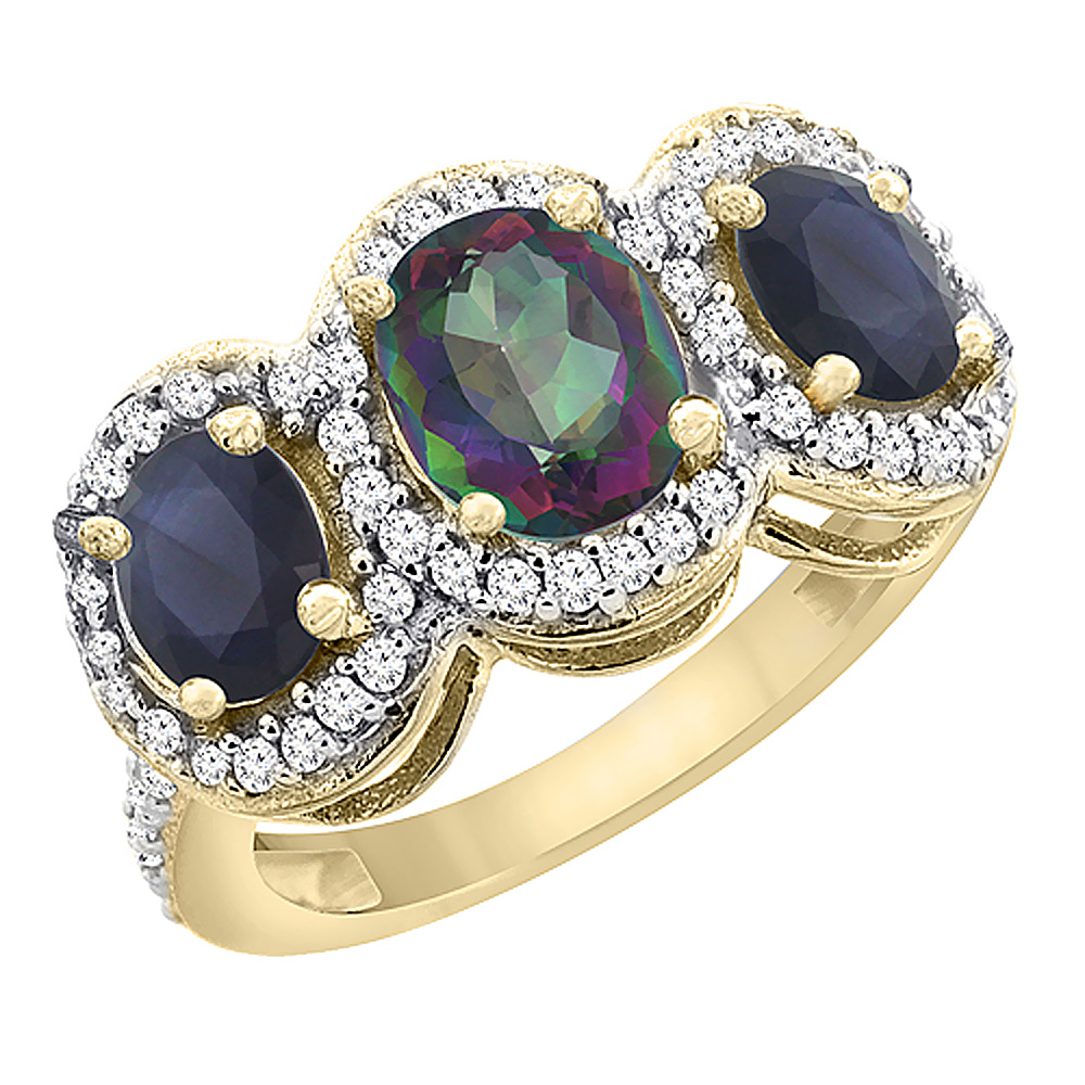 14K Yellow Gold Diamond Natural Mystic Topaz 7x5mm &amp; 6x4mm Quality Blue Sapphire Oval 3-stone Ring,sz5-10