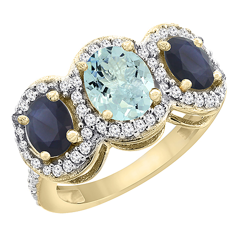 14K Yellow Gold Diamond Natural Aquamarine 7x5mm & 6x4mm Quality Blue Sapphire Oval 3-stone Ring,sz5 - 10