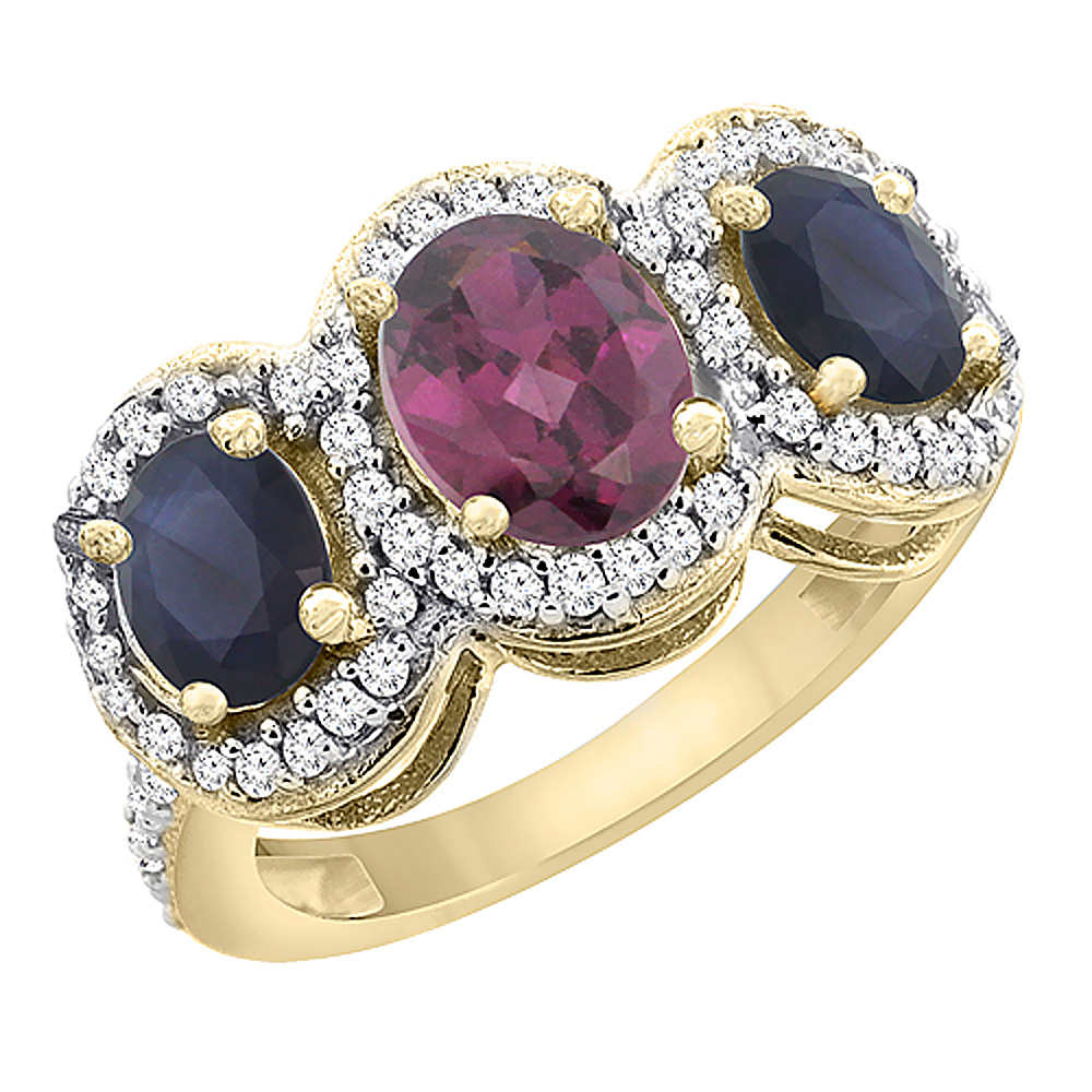 14K Yellow Gold Natural Rhodolite & Quality Blue Sapphire 3-stone Mothers Ring Oval Diamond Accent,sz5-10